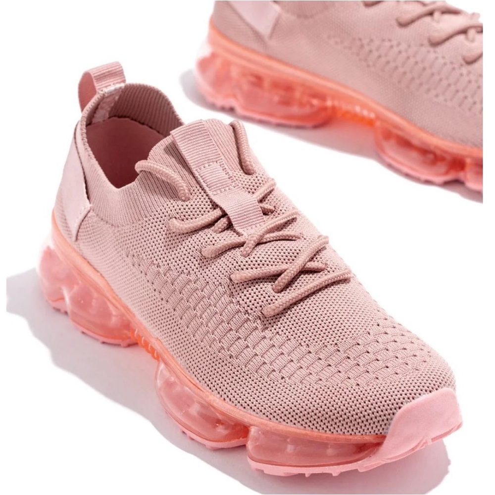 Flow-19 Forever Link pink knit pull on mock lace up girl’s bubble sole shoes. 2